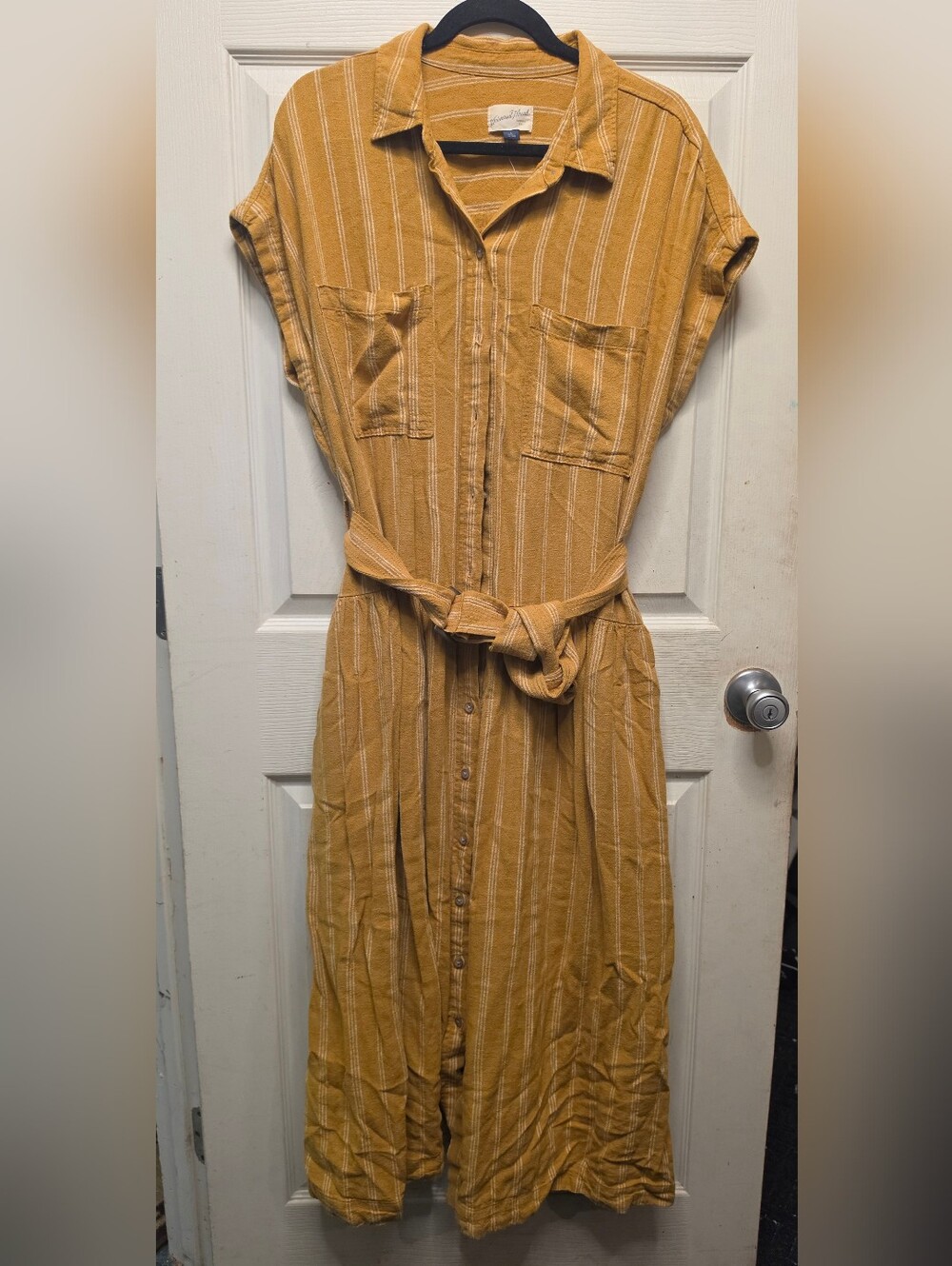 Universal Thread Mustard Stripe Button-Front Shirt Dress with Tie Waist